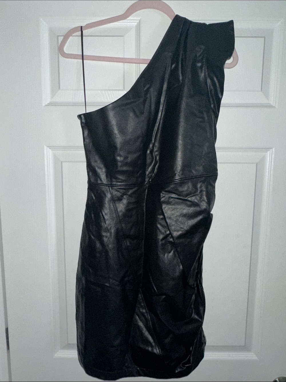 Asymmetric Black Faux Leather One-Shoulder Dress